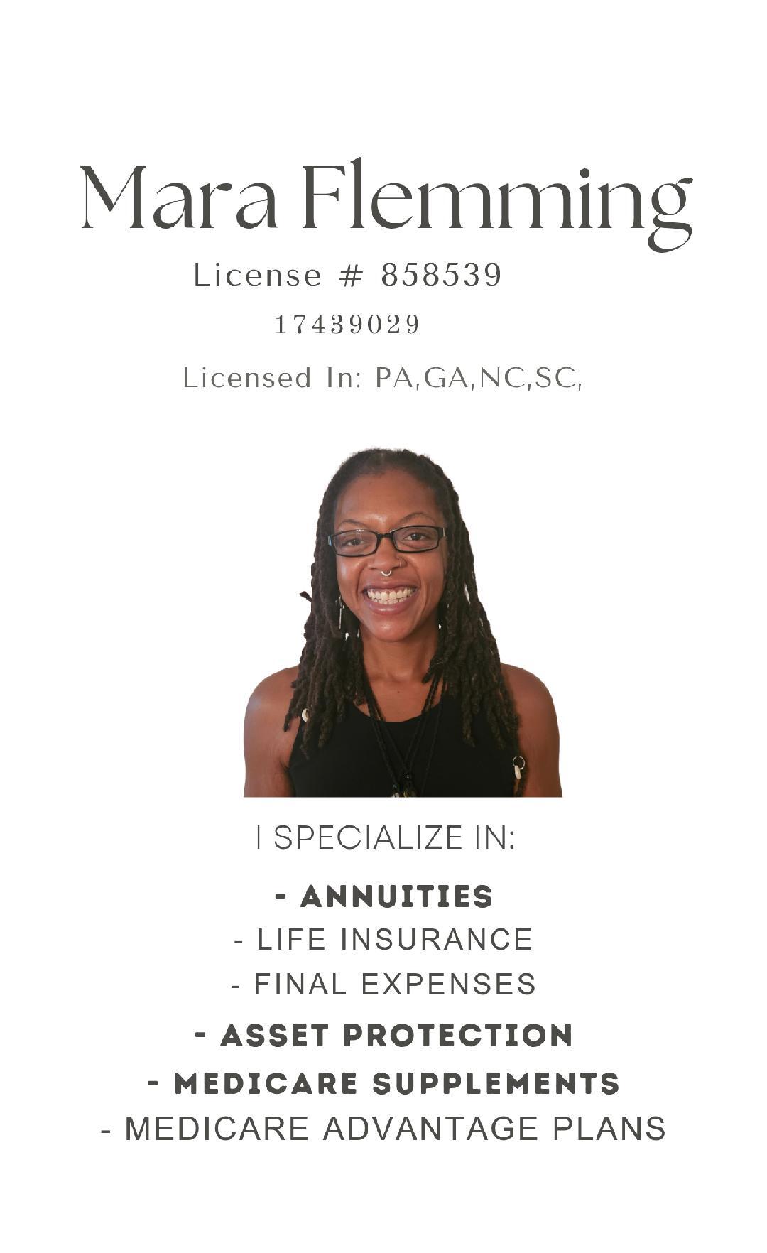 Mara Flemming — License #858539, NPN 17439029, licensed in PA, GA, NC, SC