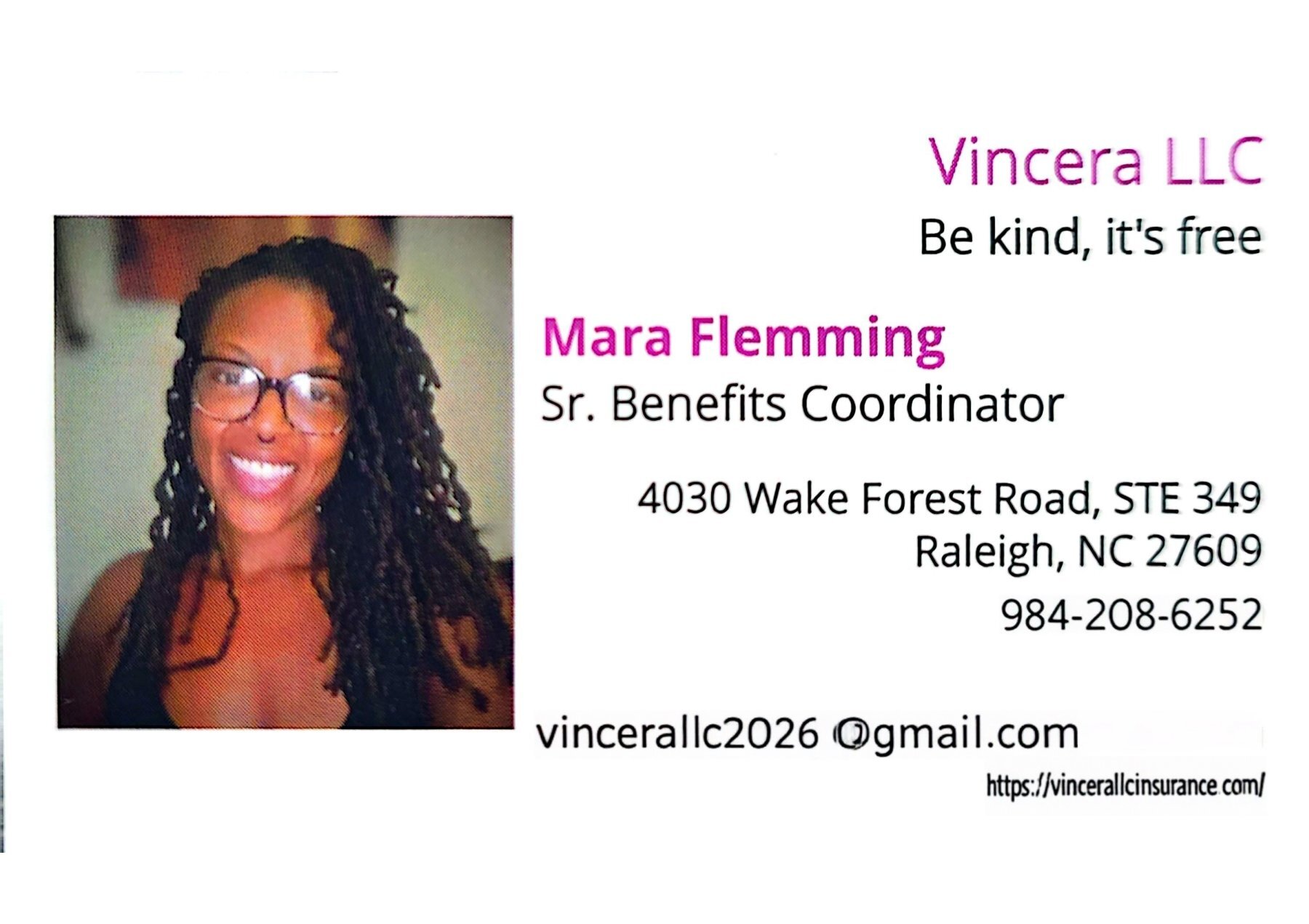 Vincera LLC business card for Mara Flemming, Sr. Benefits Coordinator