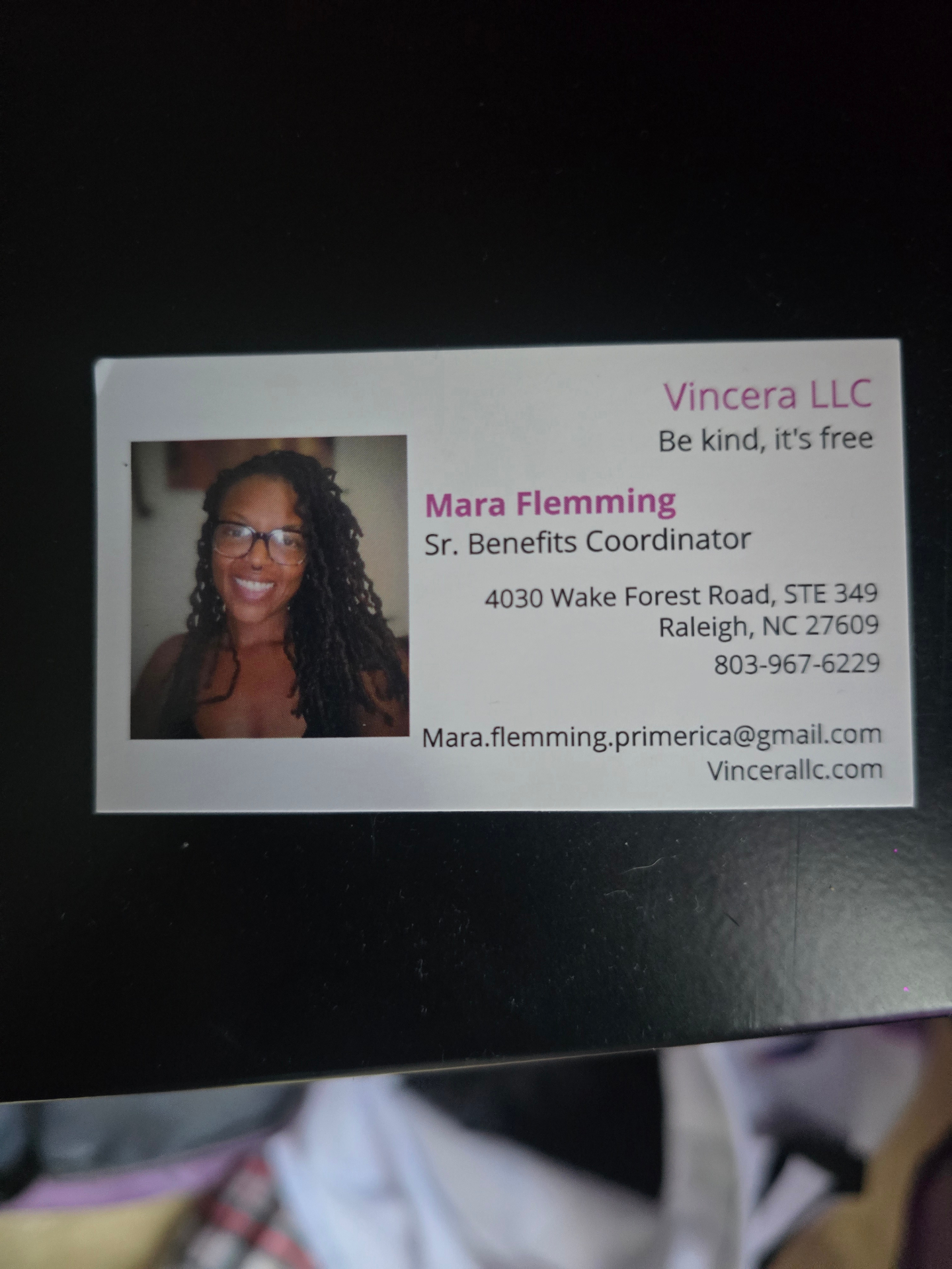Vincera LLC business card for Mara Flemming, Sr. Benefits Coordinator